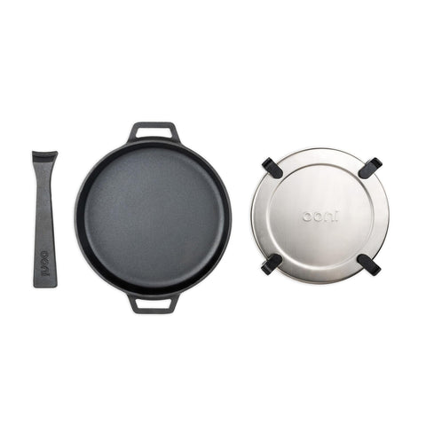Ooni sarten hierro fundido 9 pulgadas, mango removible, ideal para versatilidad en la cocina.