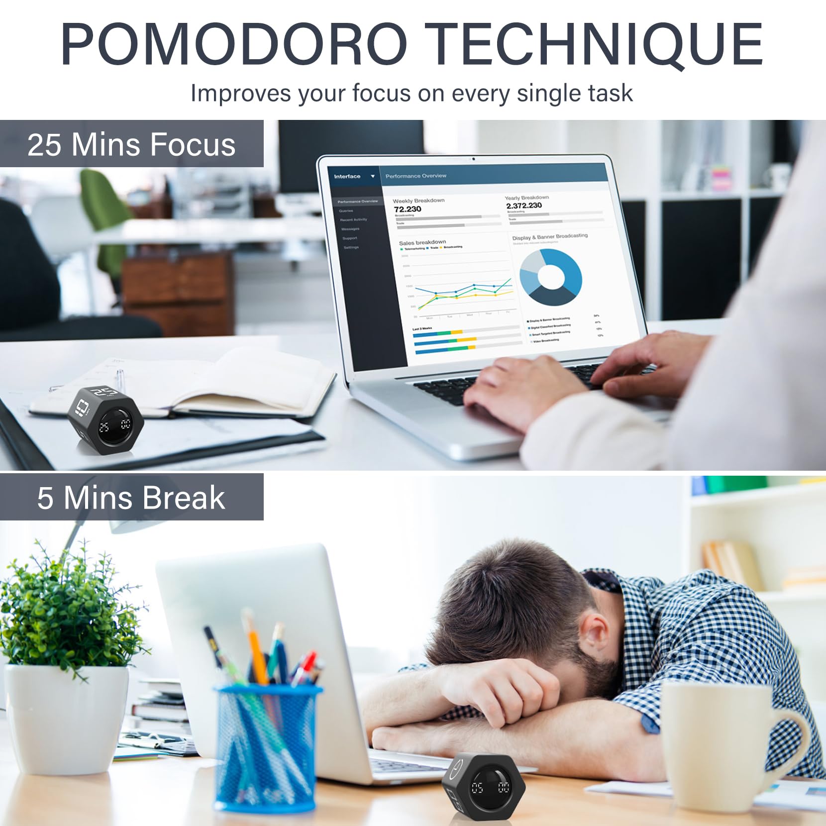 OORAII temporizador 25min, vista frontal, favorece sesiones de estudio sostenidas.