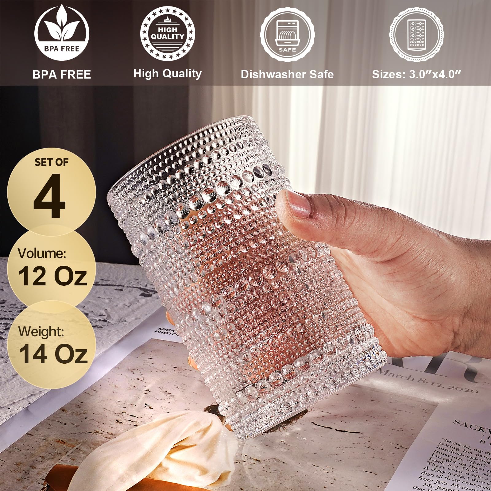OPAYLY Juego de vasos Hobnail 12 oz, 4 unidades listos para cócteles