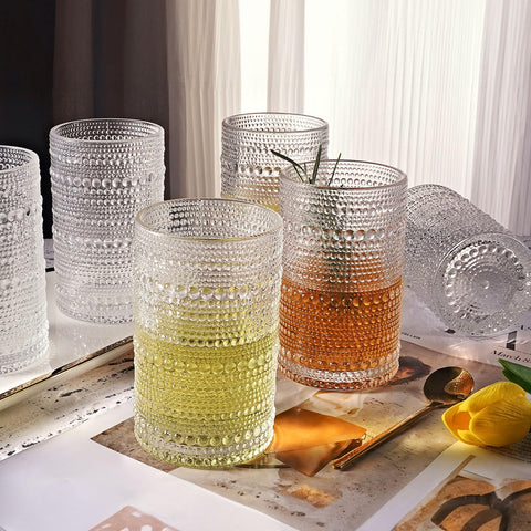 OPAYLY Vasos de vidrio con relieve vintage para bebidas refrescantes