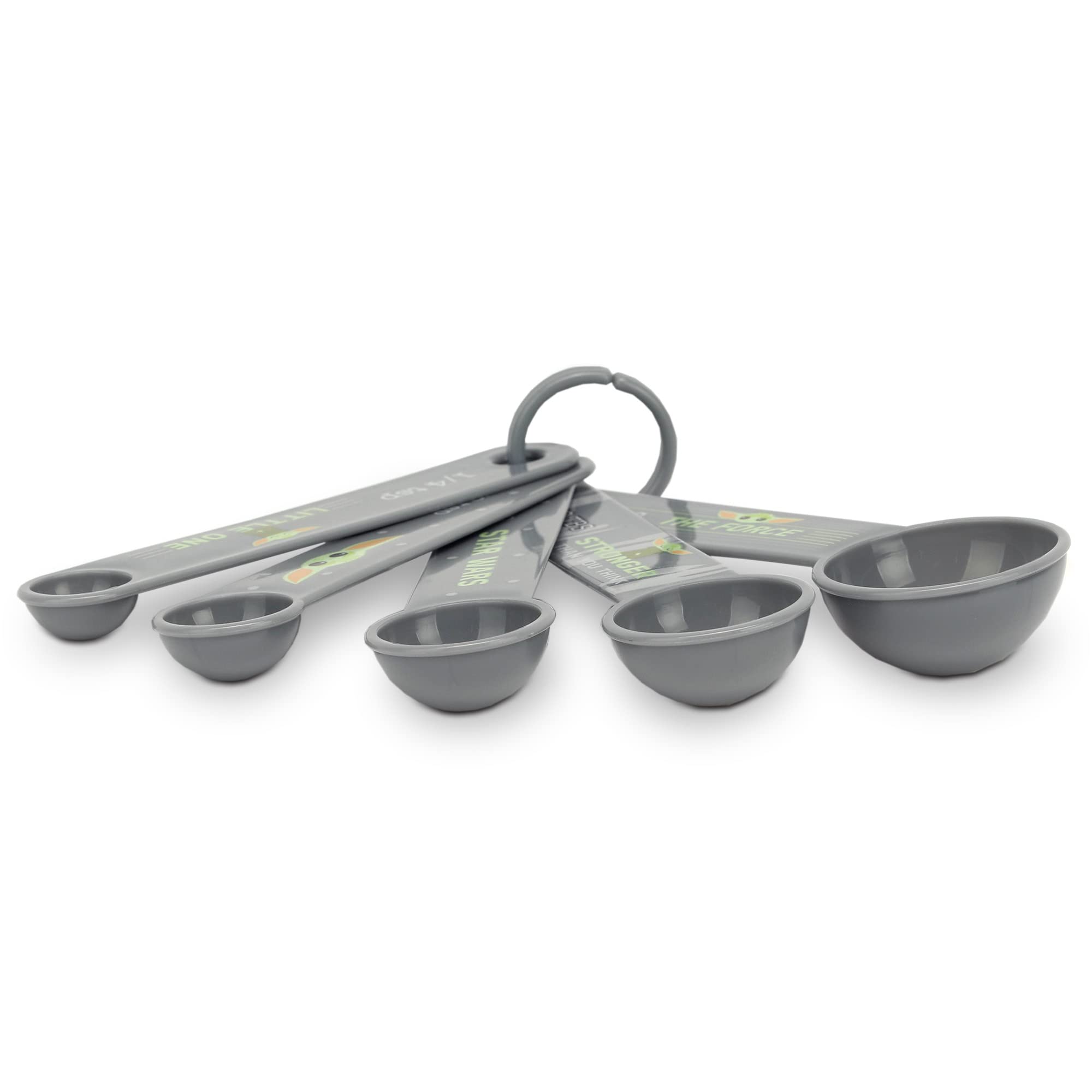 Detalle de Grogu en cucharas medidoras de Open Road Brands, ideal para recetas diarias