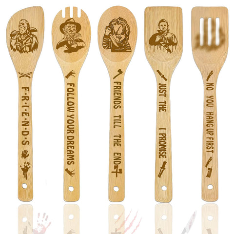 OPPKEPT cucharas de madera horror set 5 para cocinar con estilo y practicidad.