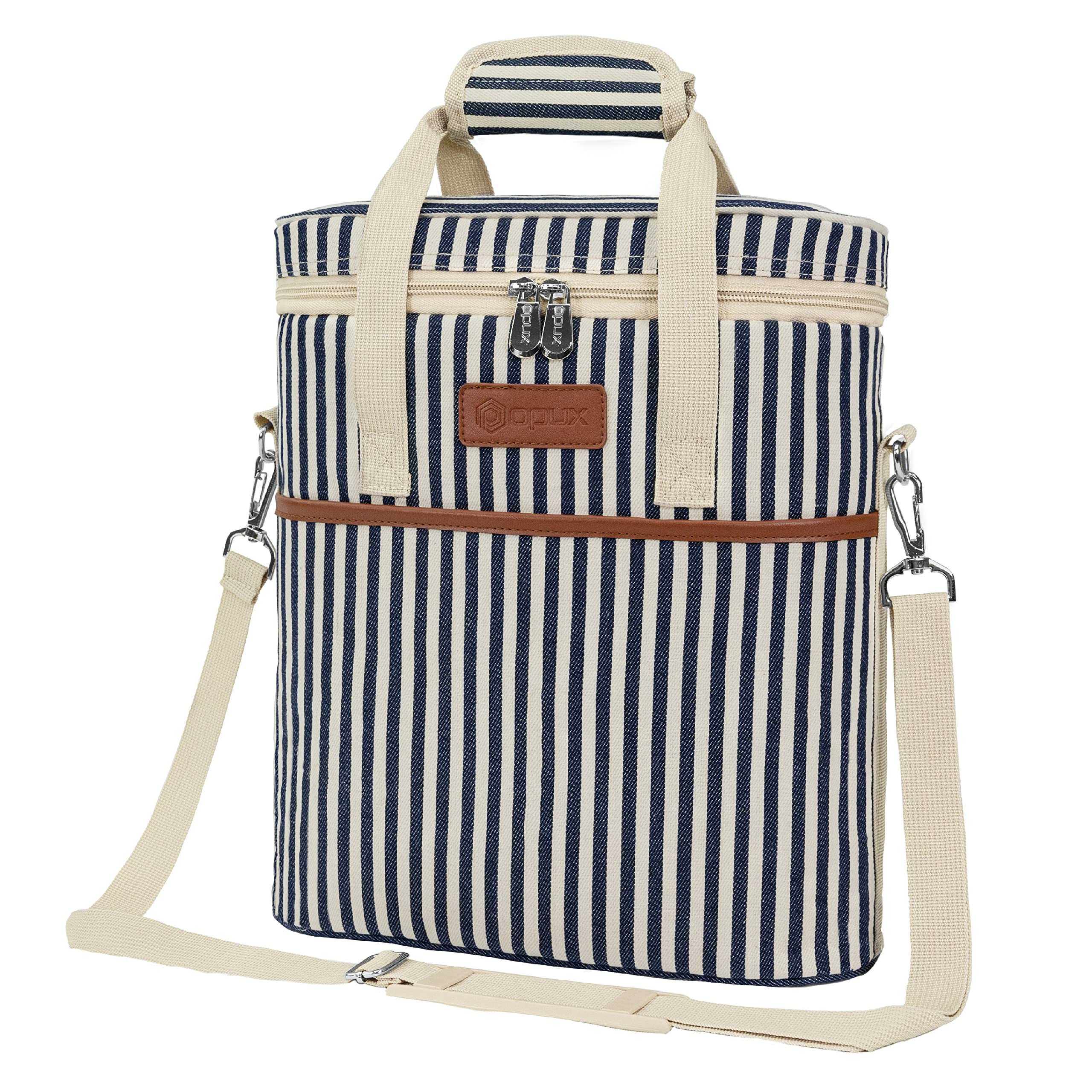 Opux bolsa vino 3 botellas con rayas azul marino, ideal para picnic