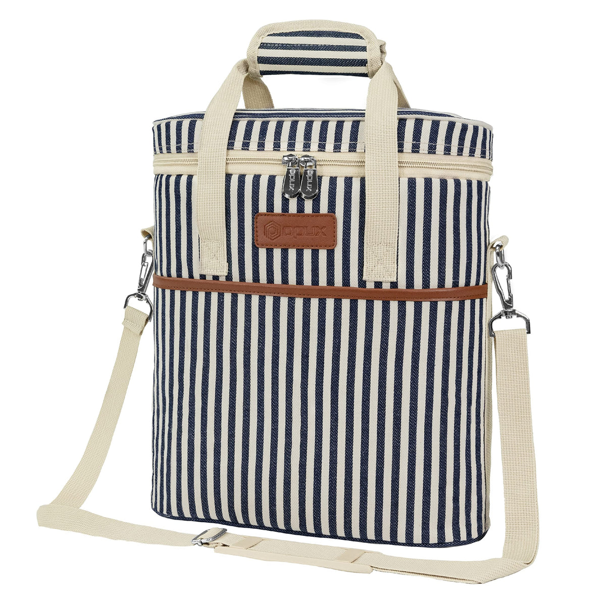 Opux bolsa vino 3 botellas con rayas azul marino, ideal para picnic