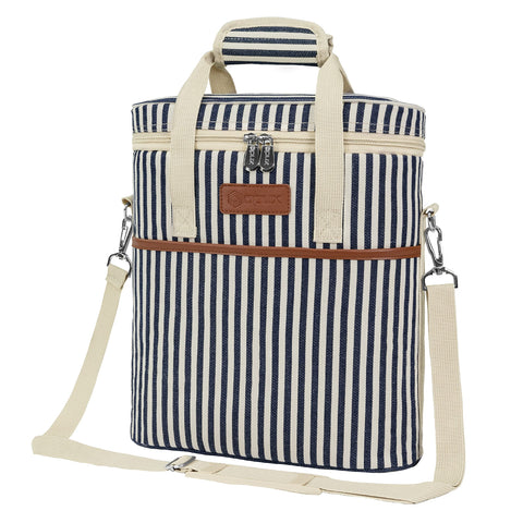 Opux bolsa vino 3 botellas con rayas azul marino, ideal para picnic