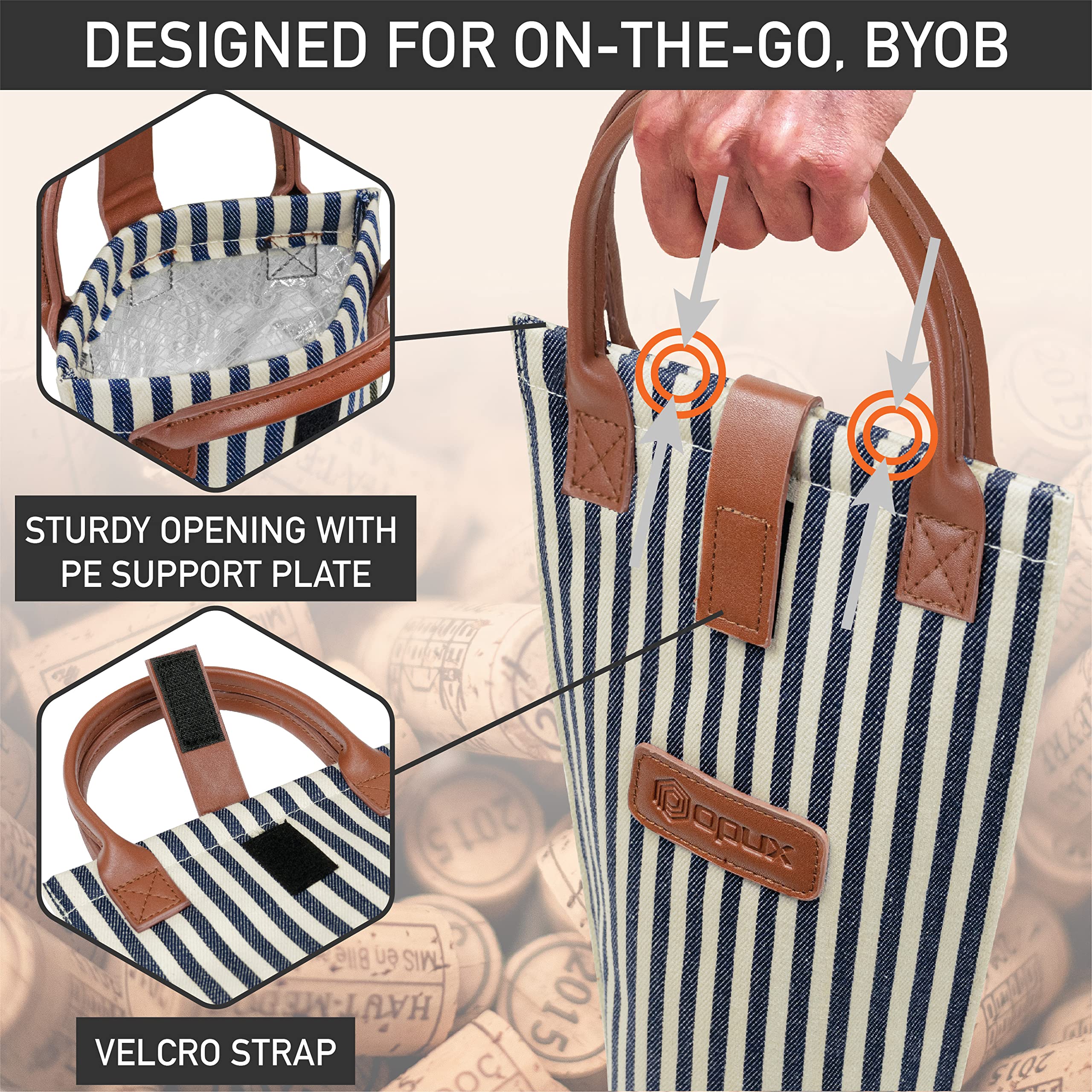 opux bolsa vino diseño rayas navy blanco, estilo elegante para regalo