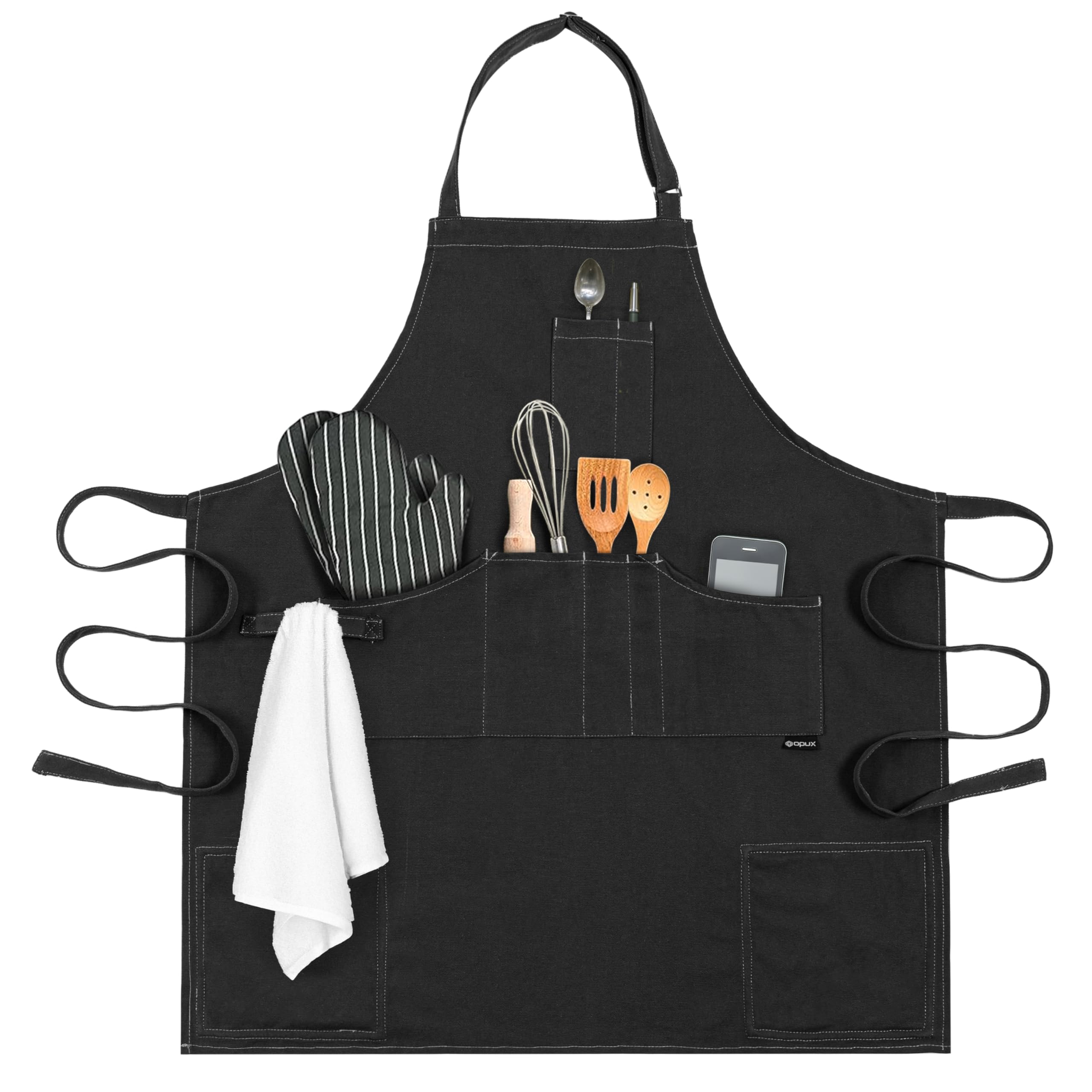 OPUX Delantal de Chef frente con bolsillos, práctico para organizar herramientas en la cocina