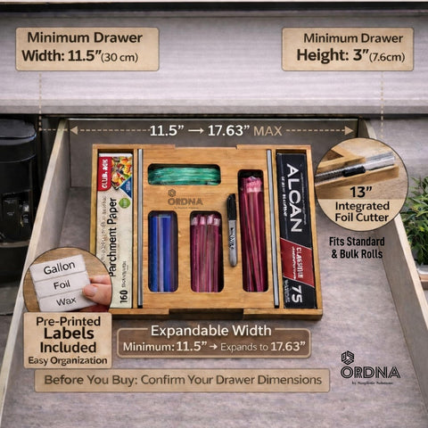 Ordna dispensador de envoltura de aluminio en bambú, ideal para cocinas ordenadas.
