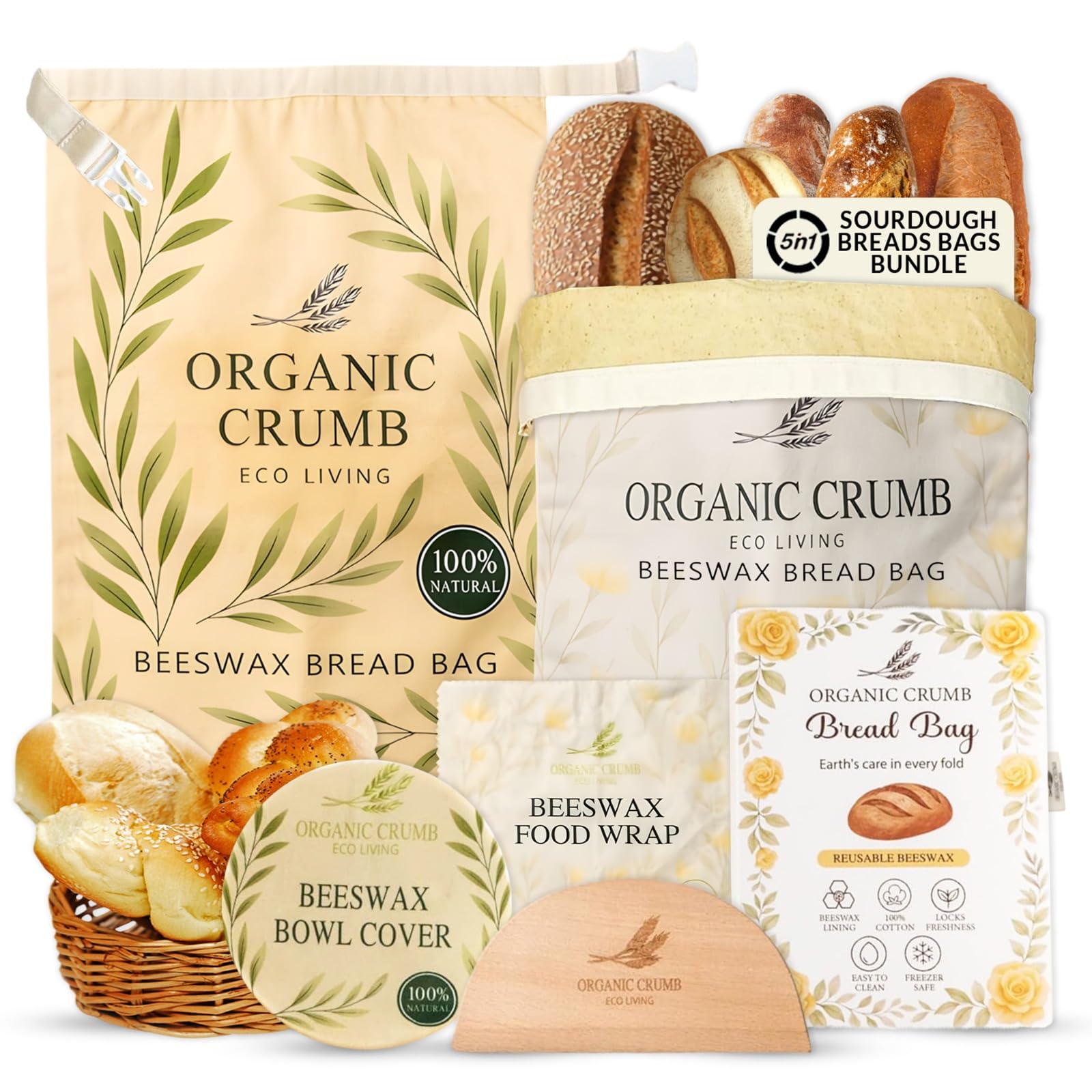 Organic Crumb bolsa de cera de abeja para pan 2XL, almacenamiento de pan casero.