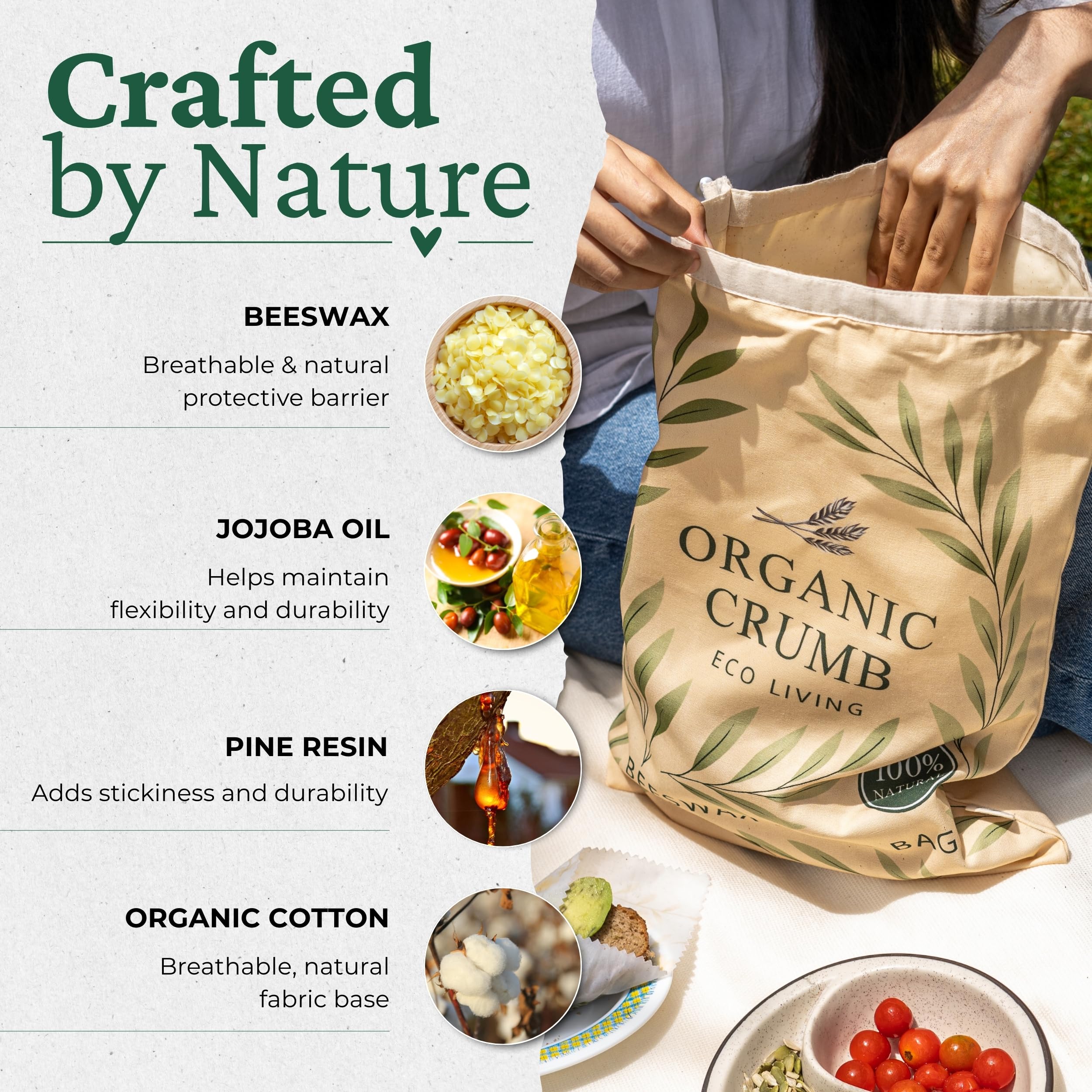 Organic Crumb envoltura de cera de abeja para alimentos reutilizable.