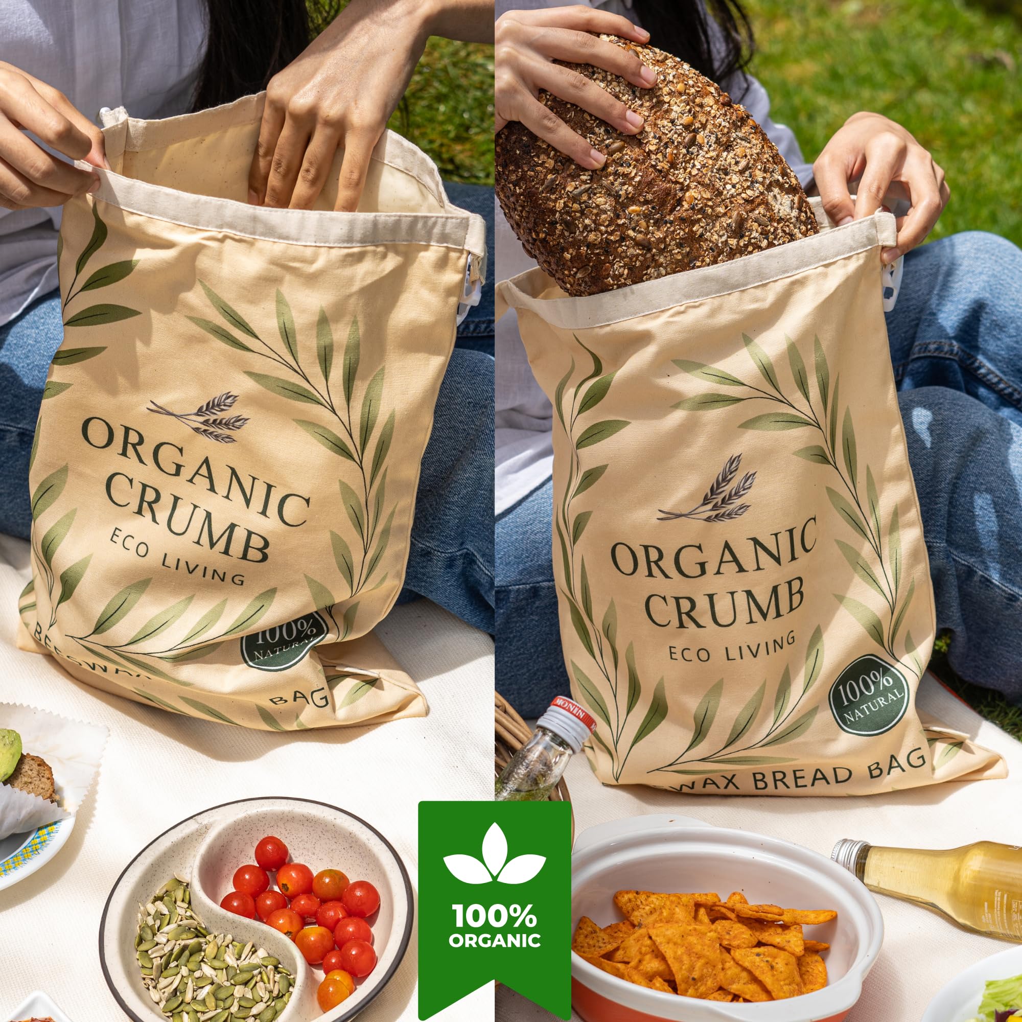 Organic Crumb presentación rústica en la cocina con accesorios reutilizables.