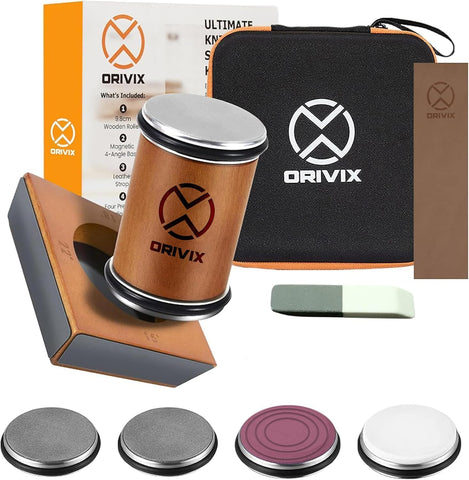Orivix afilador de cuchillos con rodillo de madera extendido para mayor control.