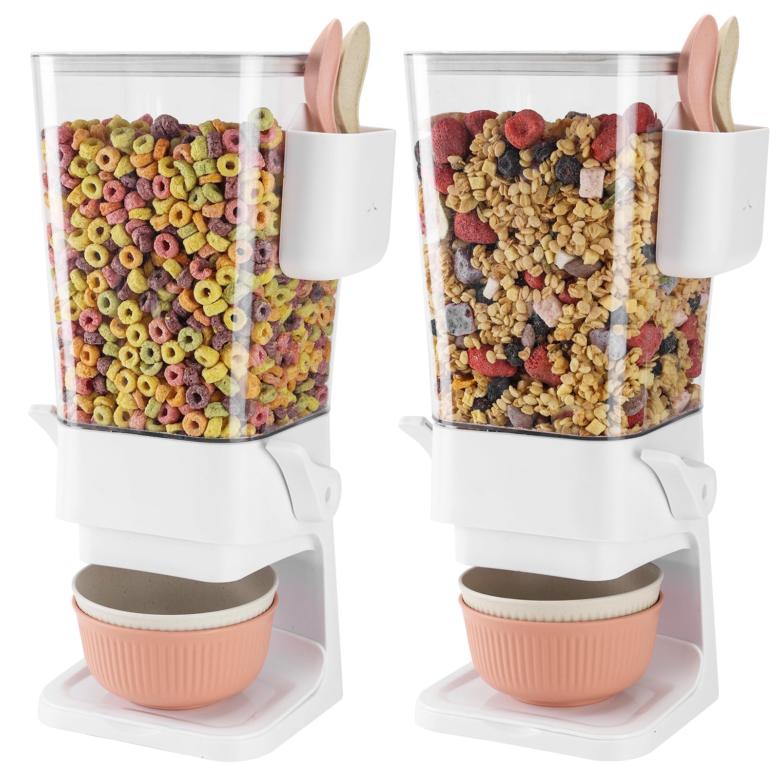 Osacoe dispensador de cereal en encimera con cuencos y cucharas para desayunos ordenados.