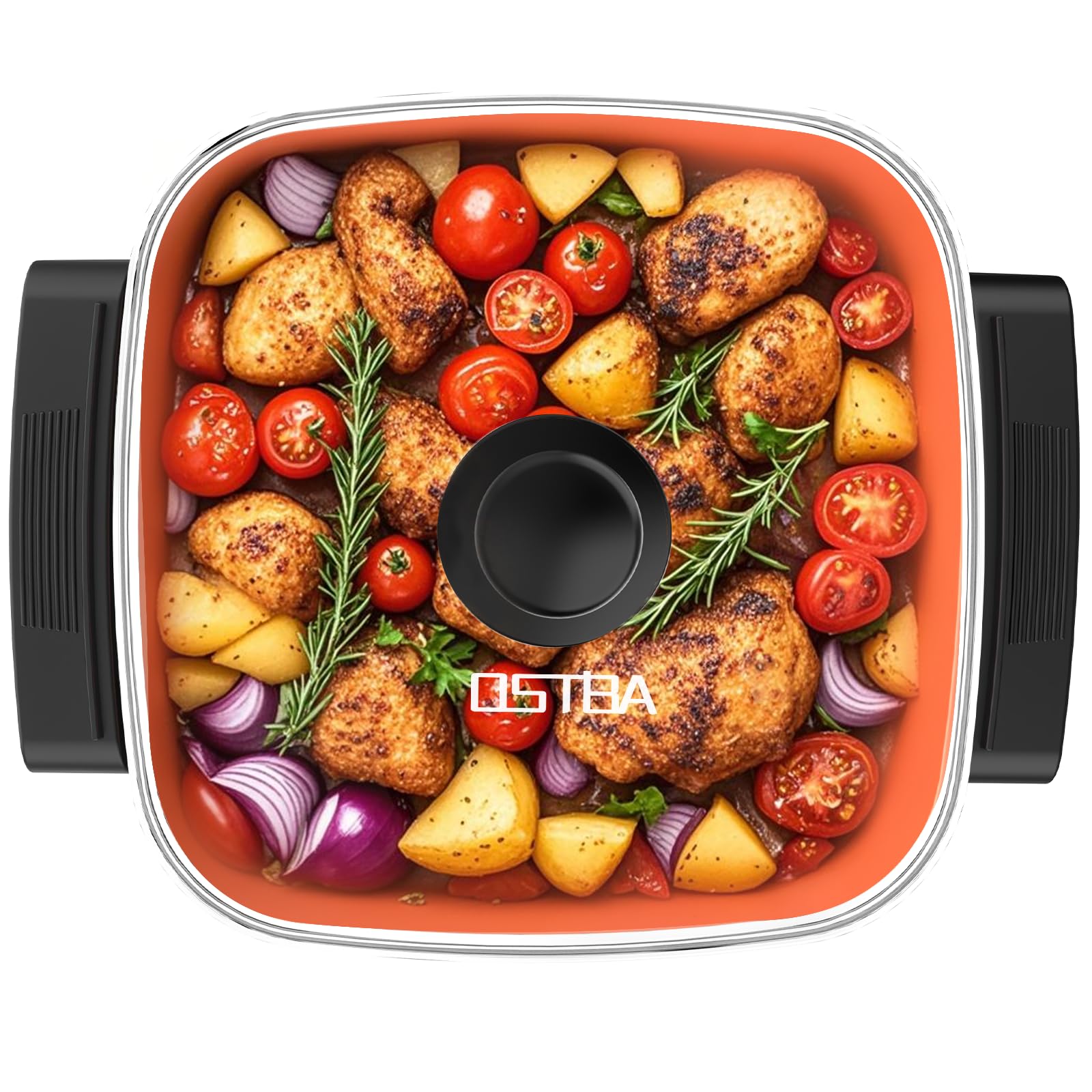 OSTBA sartén eléctrica 12x12 con tapa de vidrio para comidas en familia y conveniencia.