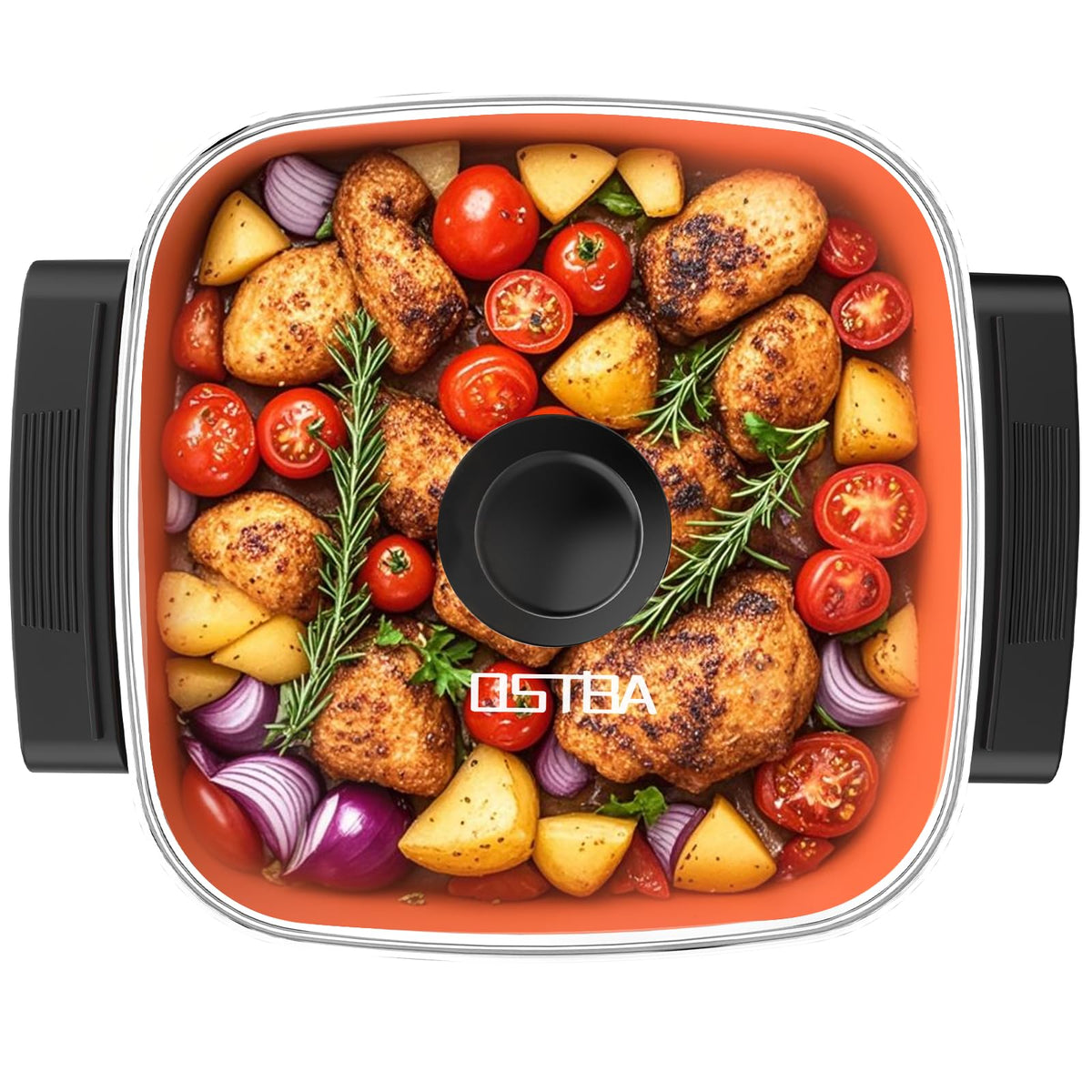 OSTBA sartén eléctrica 12x12 con tapa de vidrio para comidas en familia y conveniencia.