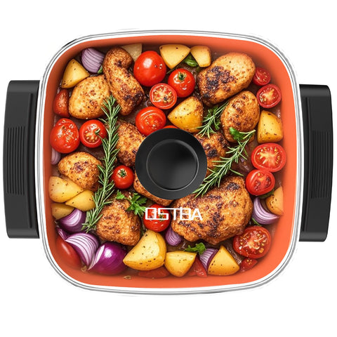 OSTBA sartén eléctrica 12x12 con tapa de vidrio para comidas en familia y conveniencia.