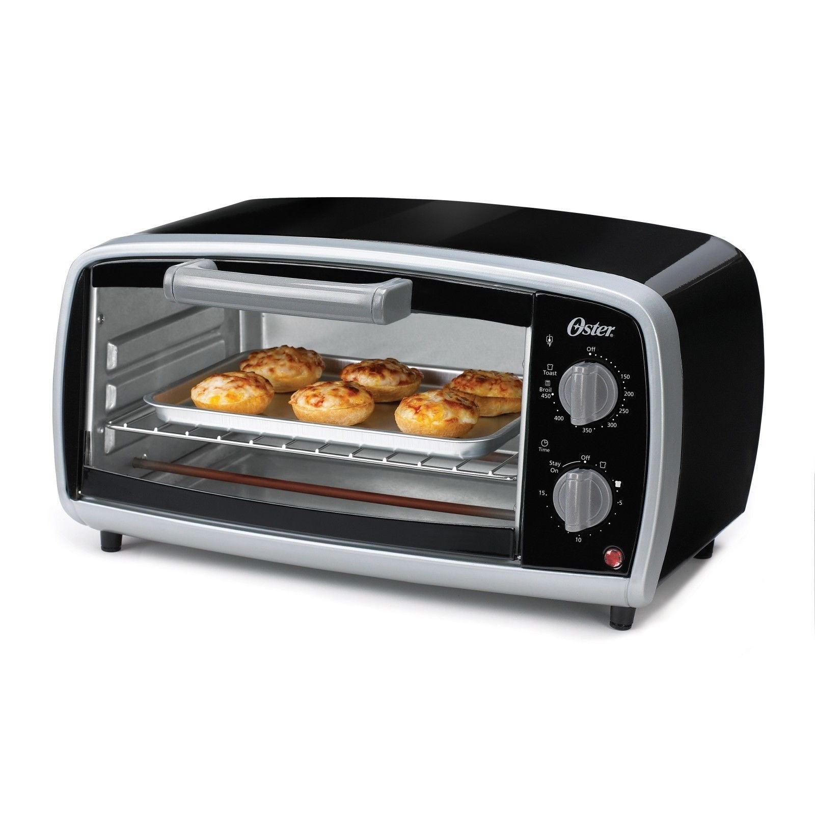 Oster Horno Tostador 4 rebanadas negro, vista frontal para pan crujiente.