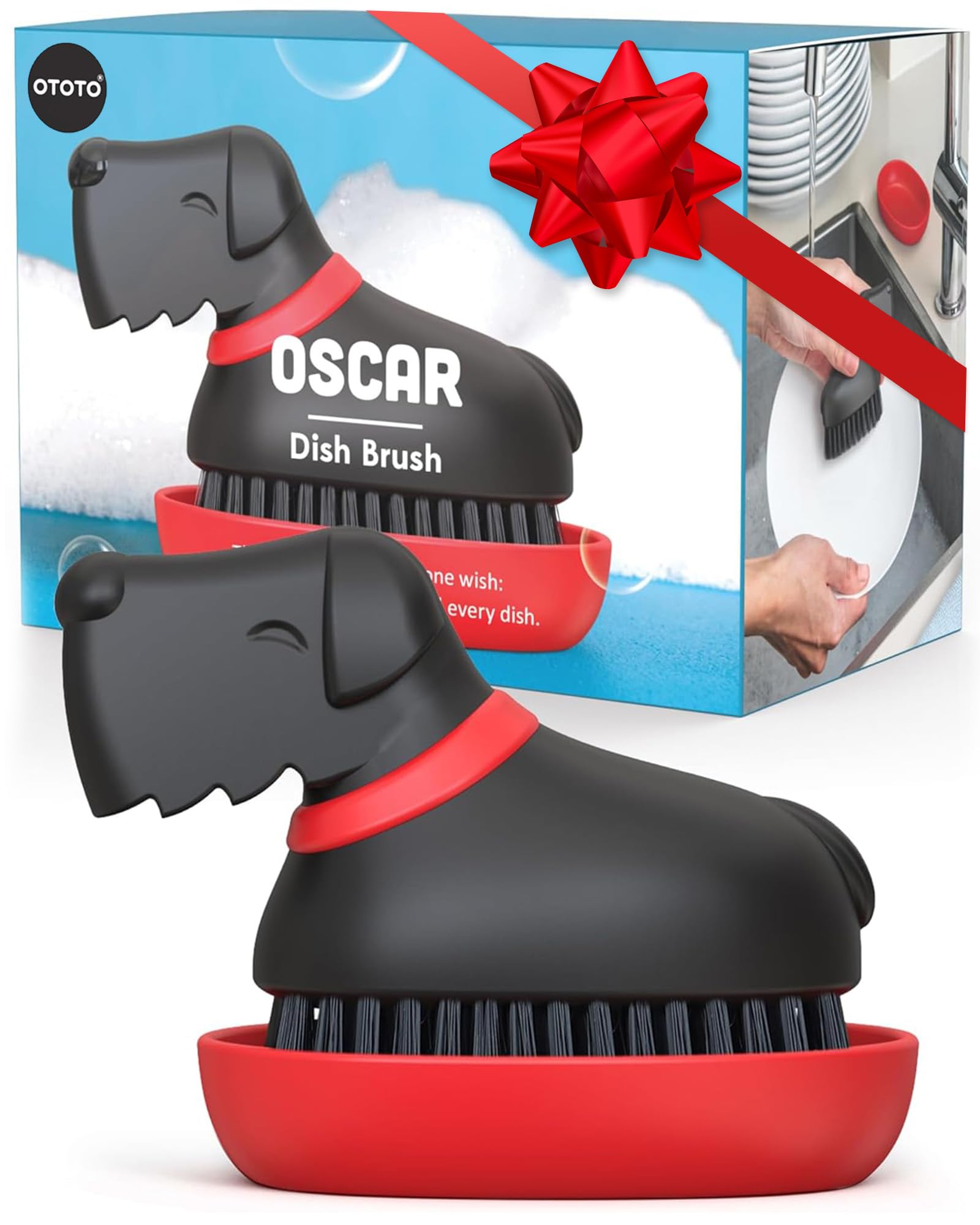 Oscar de OTOTO, cepillo lavaplatos con diseño de perro para platos brillantes.