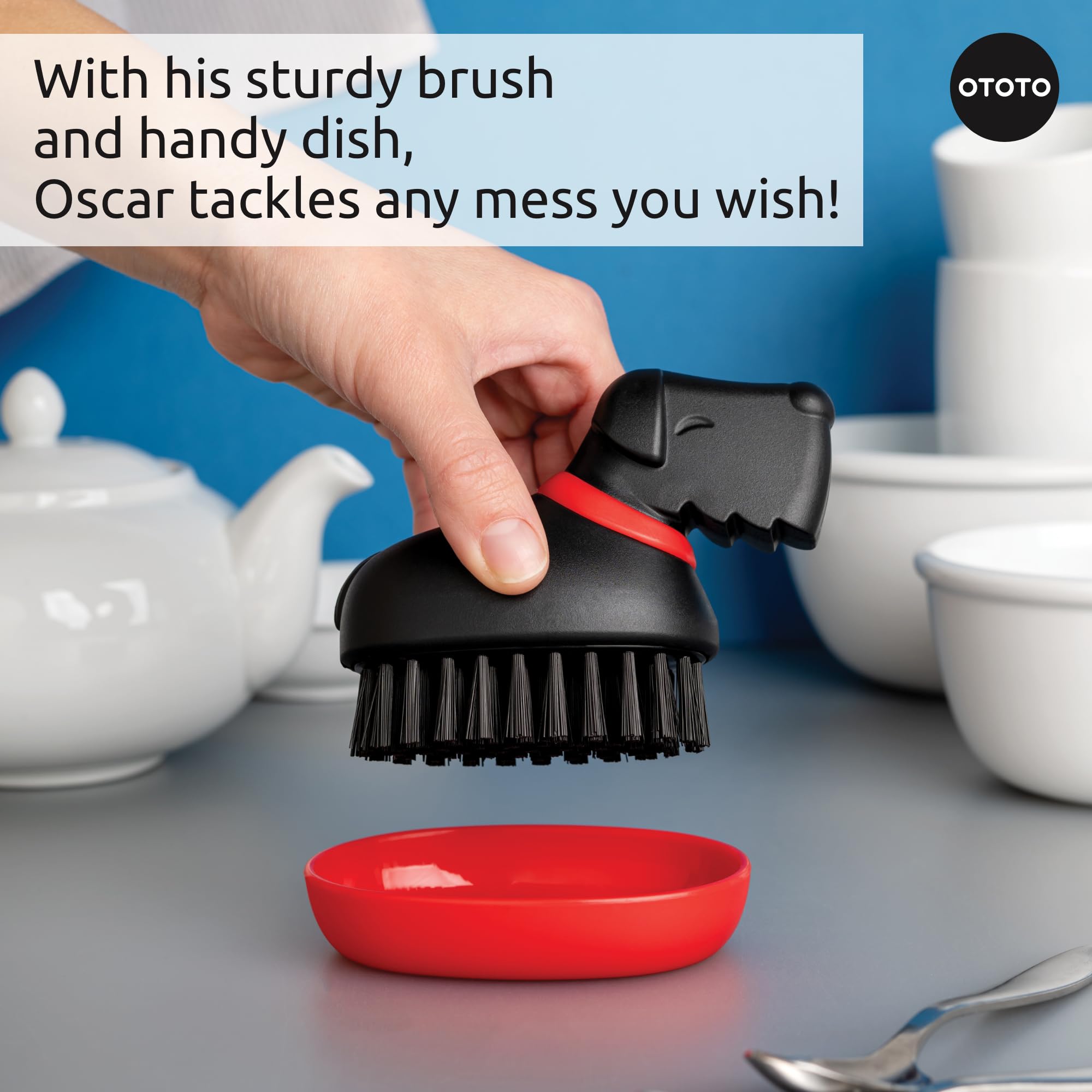 Cerdas duraderas de Oscar, cepillo para platos y ollas sin esfuerzo.