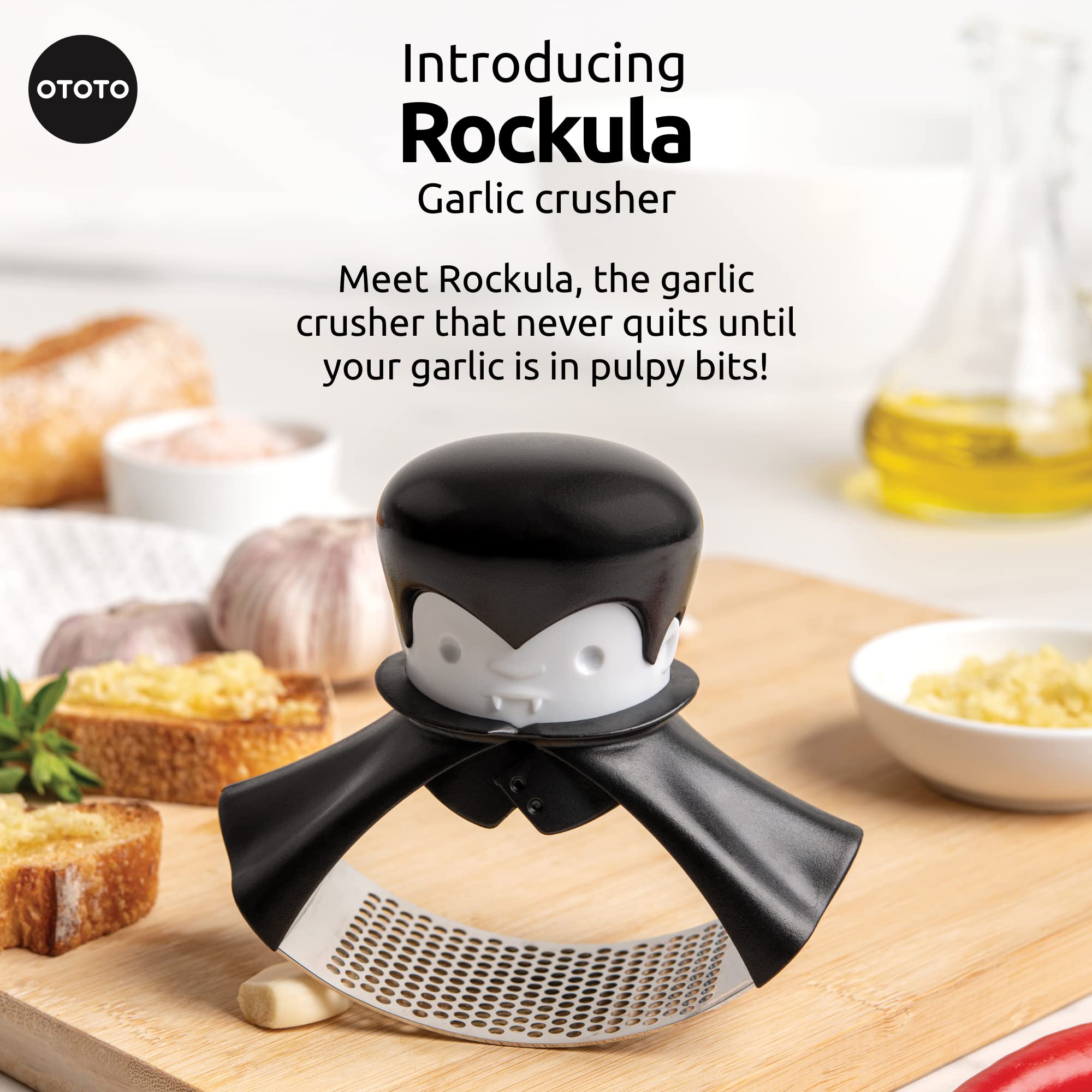 OTOTO Rockula mecanismo rotatorio ergonómico facilita triturar ajo sin esfuerzo