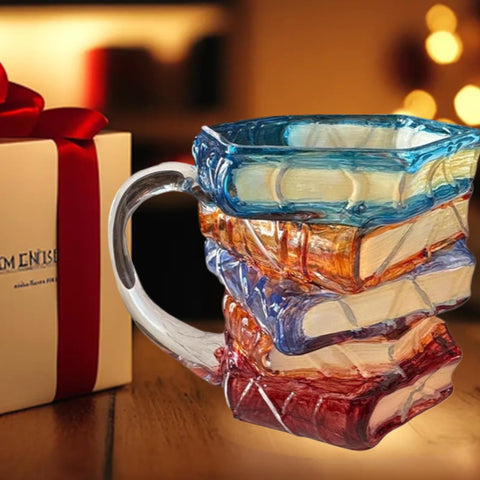 OTTNSA taza vidrio libros 3D apilados, ideal para amantes de la lectura en casa.