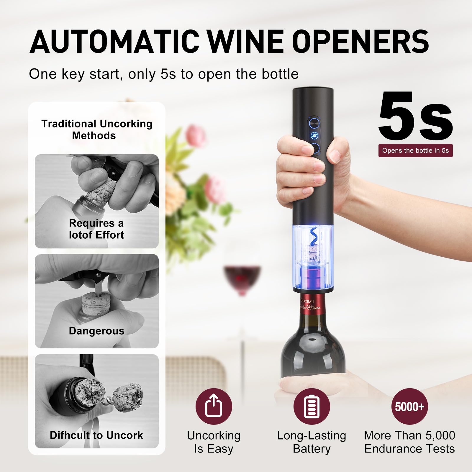 Otuseta abre vino con luz LED integrada para uso preciso en poca luz.