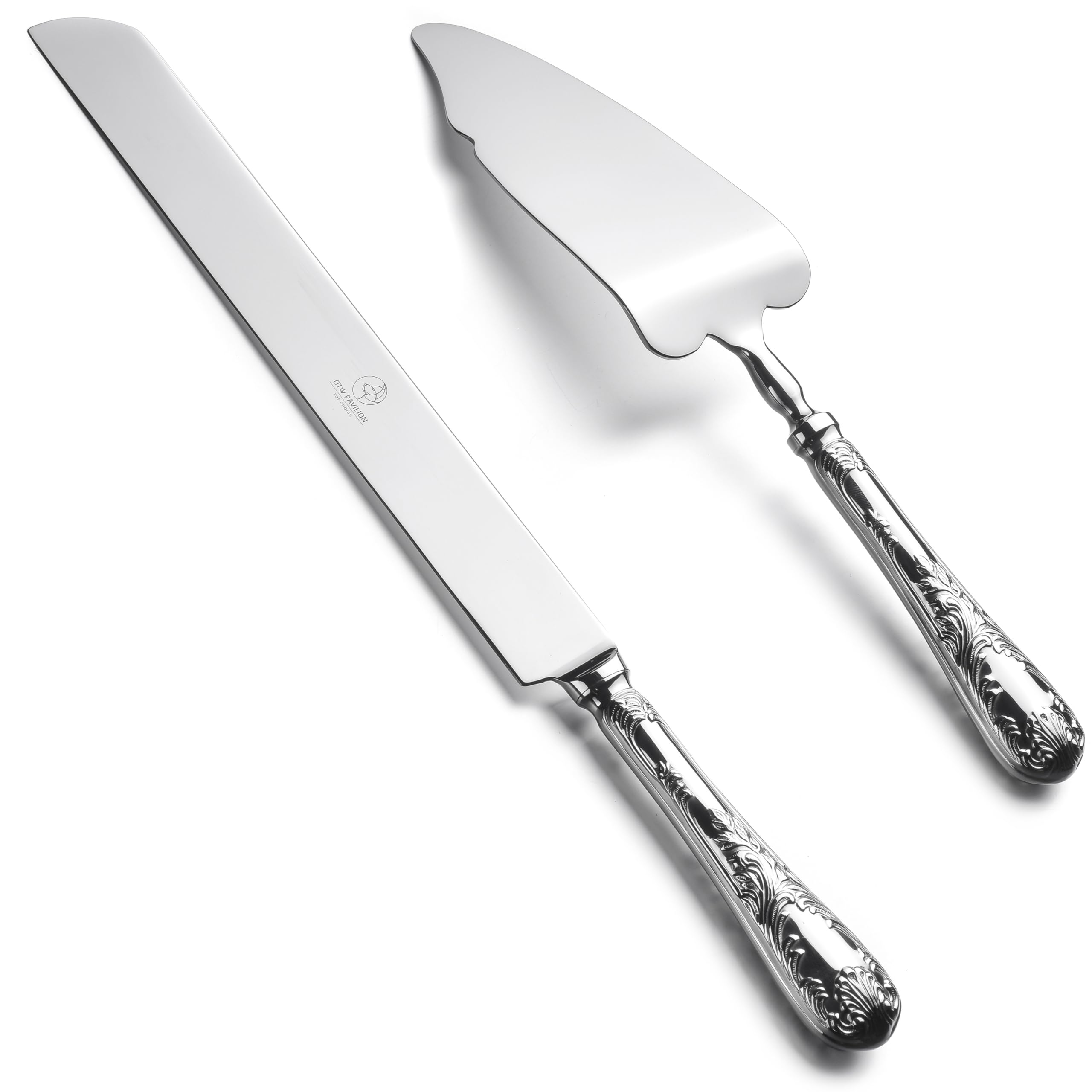 OTW PAVILION cuchillo pastel con grabado floral, corte limpio para bodas.
