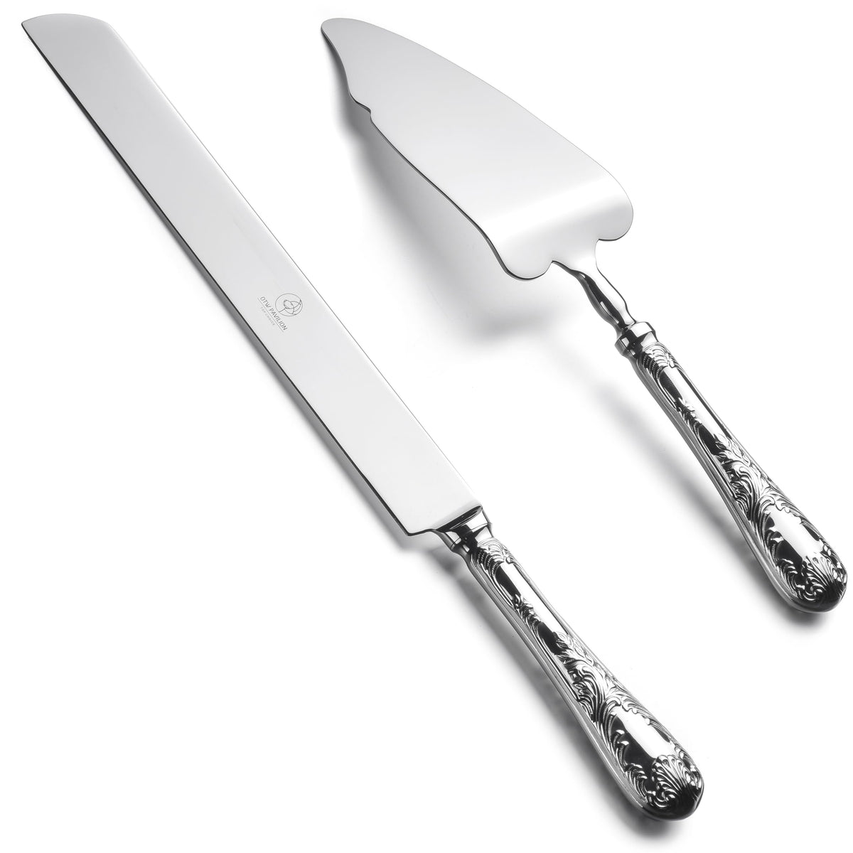 OTW PAVILION cuchillo pastel con grabado floral, corte limpio para bodas.
