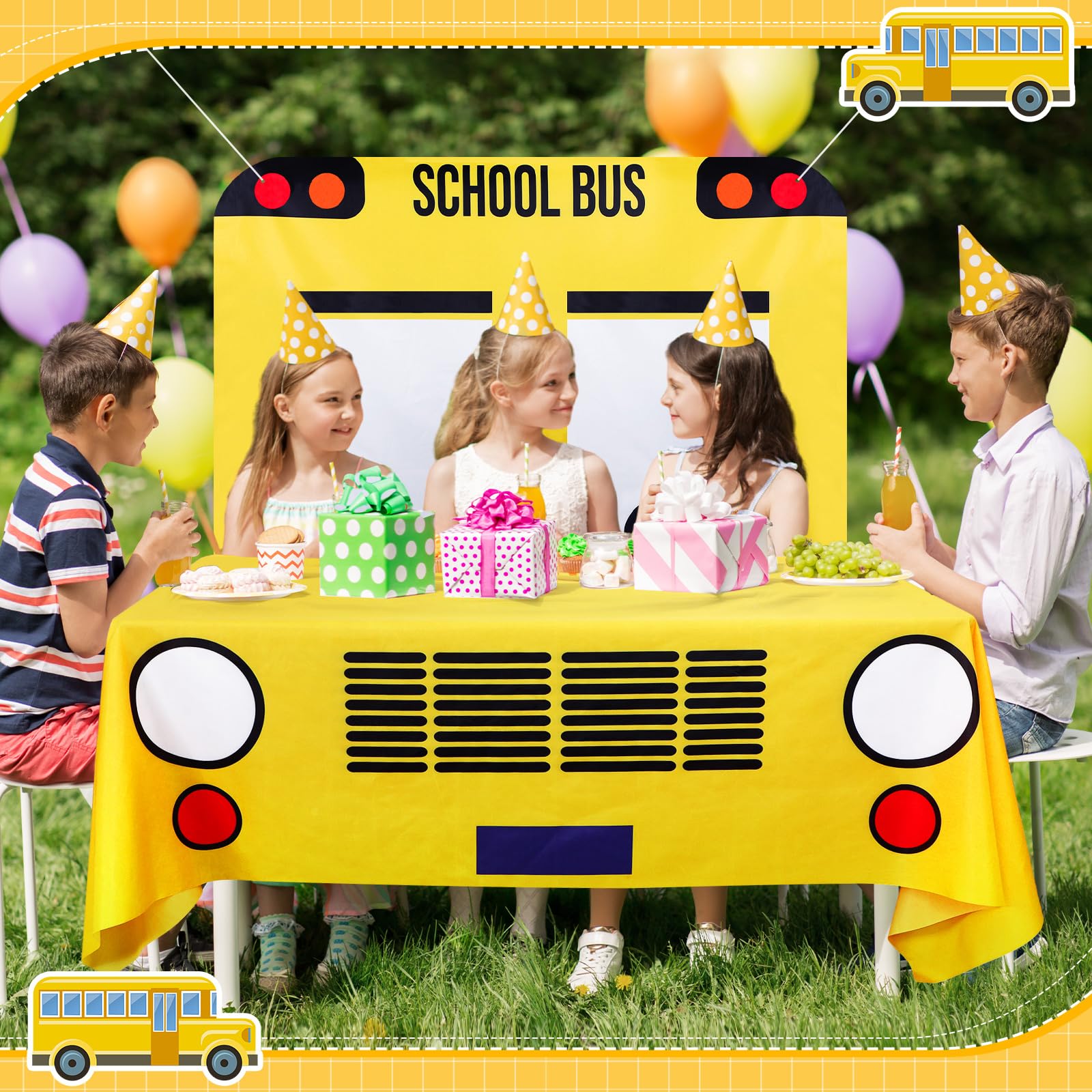 Escena de regreso a clases con Oudain autobus, apta para fiestas.