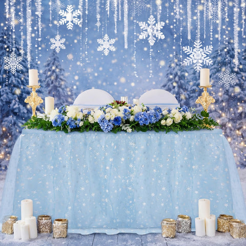 Oudain falda de mesa azul nieve con destellos plateados para fiestas festivas.