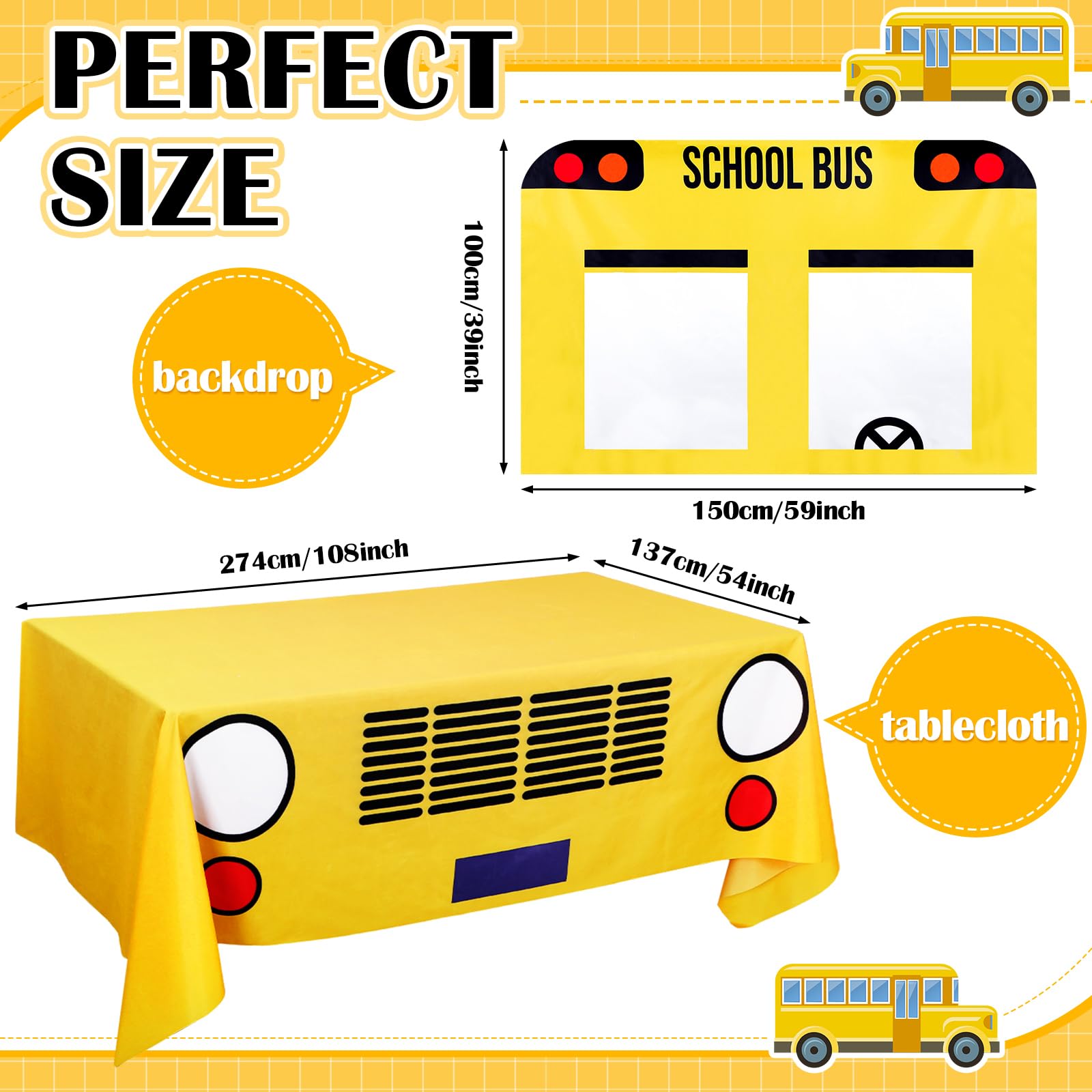 Mantel Oudain de autobus escolar amarillo, decora la mesa del evento.