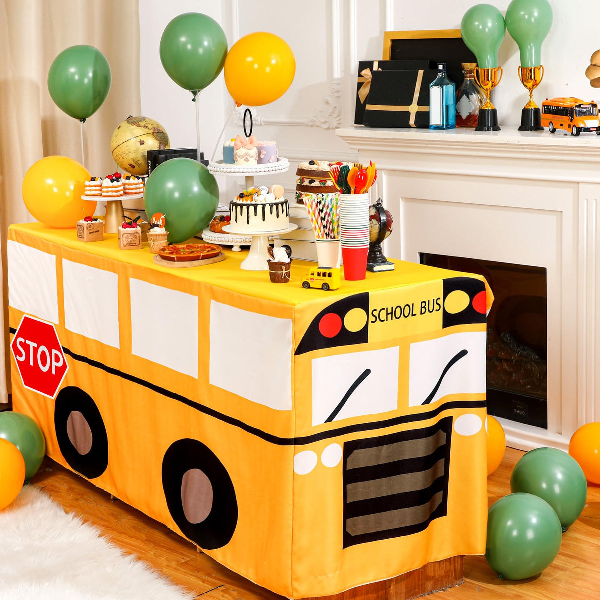 Mantel Oudain de autobús escolar amarillo, perfecto para fiestas temáticas.