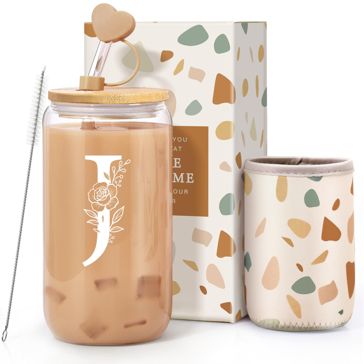 Oufrenn vaso de vidrio 16oz con monograma, tapa y pajilla para regalos sofisticados