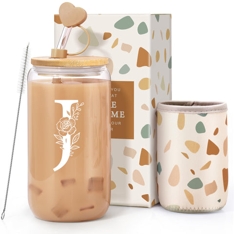 Oufrenn vaso de vidrio 16oz con monograma, tapa y pajilla para regalos sofisticados