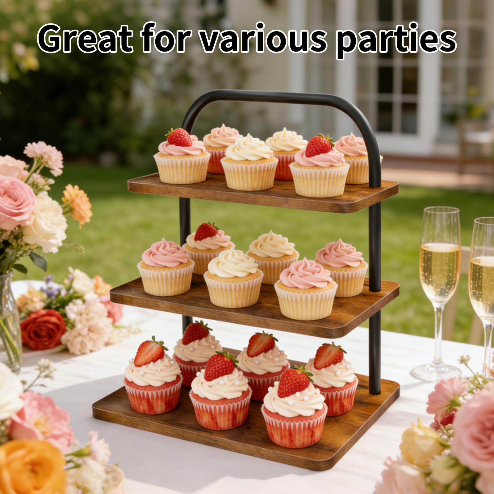 Expositor de cupcakes OugeWood 3 niveles facilita montaje rápido para eventos.