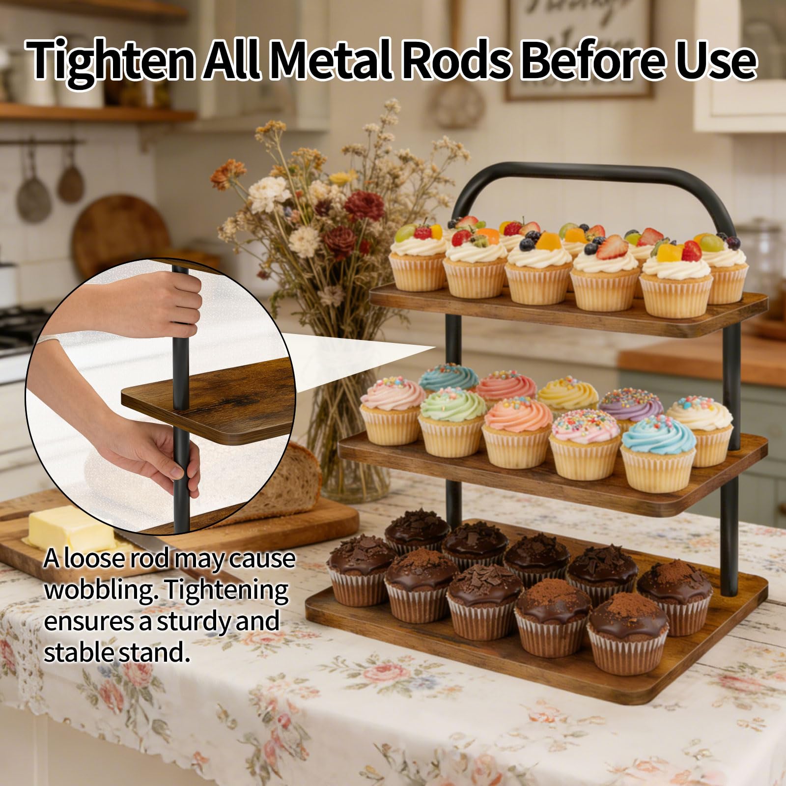 OugeWood Cupcake Stand 3 niveles, limpieza rápida tras fiestas.