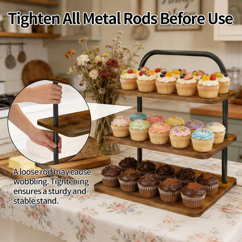 OugeWood Cupcake Stand 3 niveles, limpieza rápida tras fiestas.