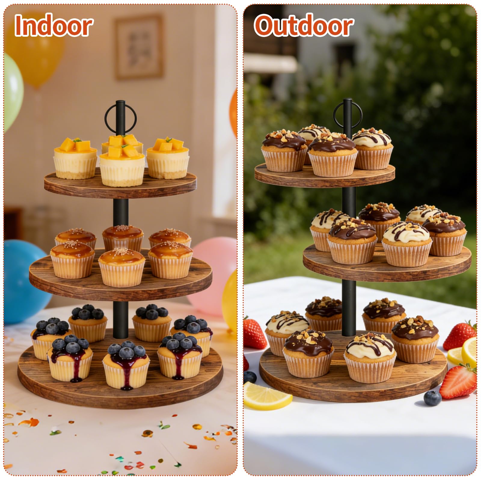 OugeWood torre de pasteles tres-niveles, perfecta para mesas de celebración rústicas.