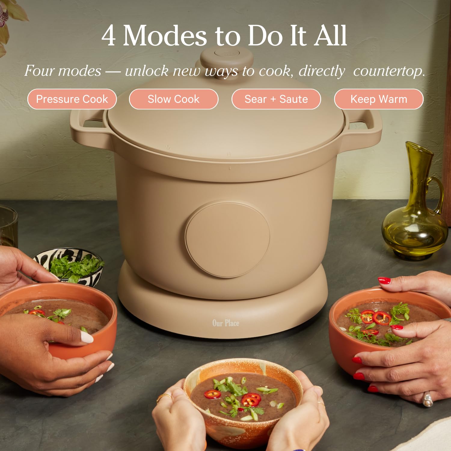 Our Place Dream Cooker libera vapor automáticamente para cocción segura.