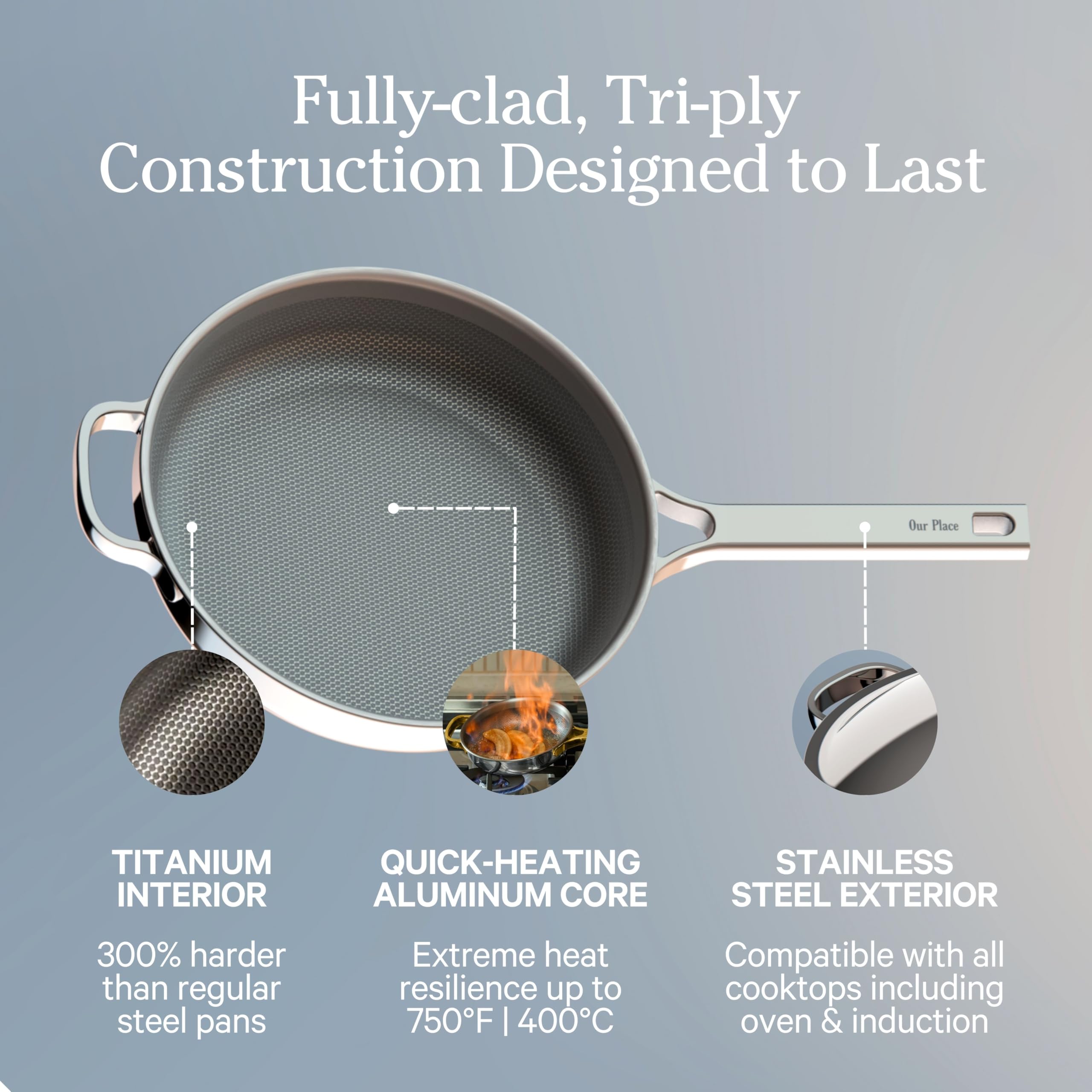 Our Place Mini Titanium Always Pan Pro apta para inducción y horno hasta 750F.