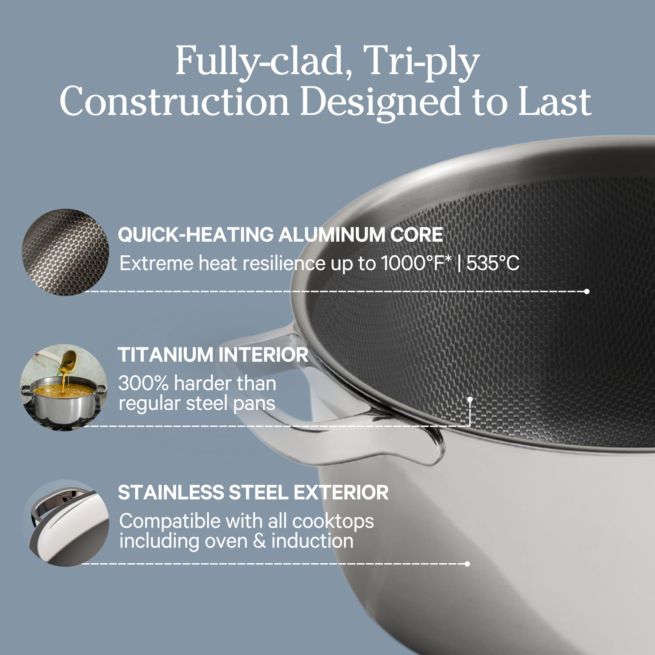 Our Place Titanium Pro sin revestimiento, tecnología no tóxica para cocinar