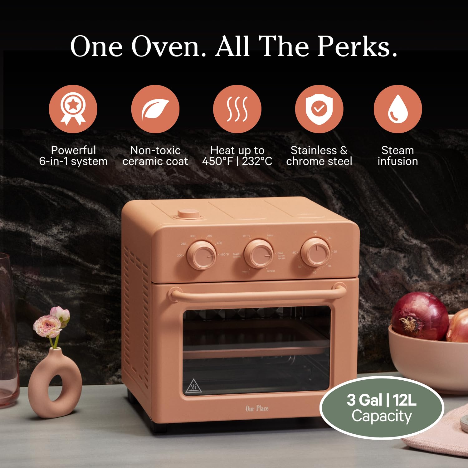 Our Place Wonder Oven interior de dos niveles, ideal para 2–4 comensales.