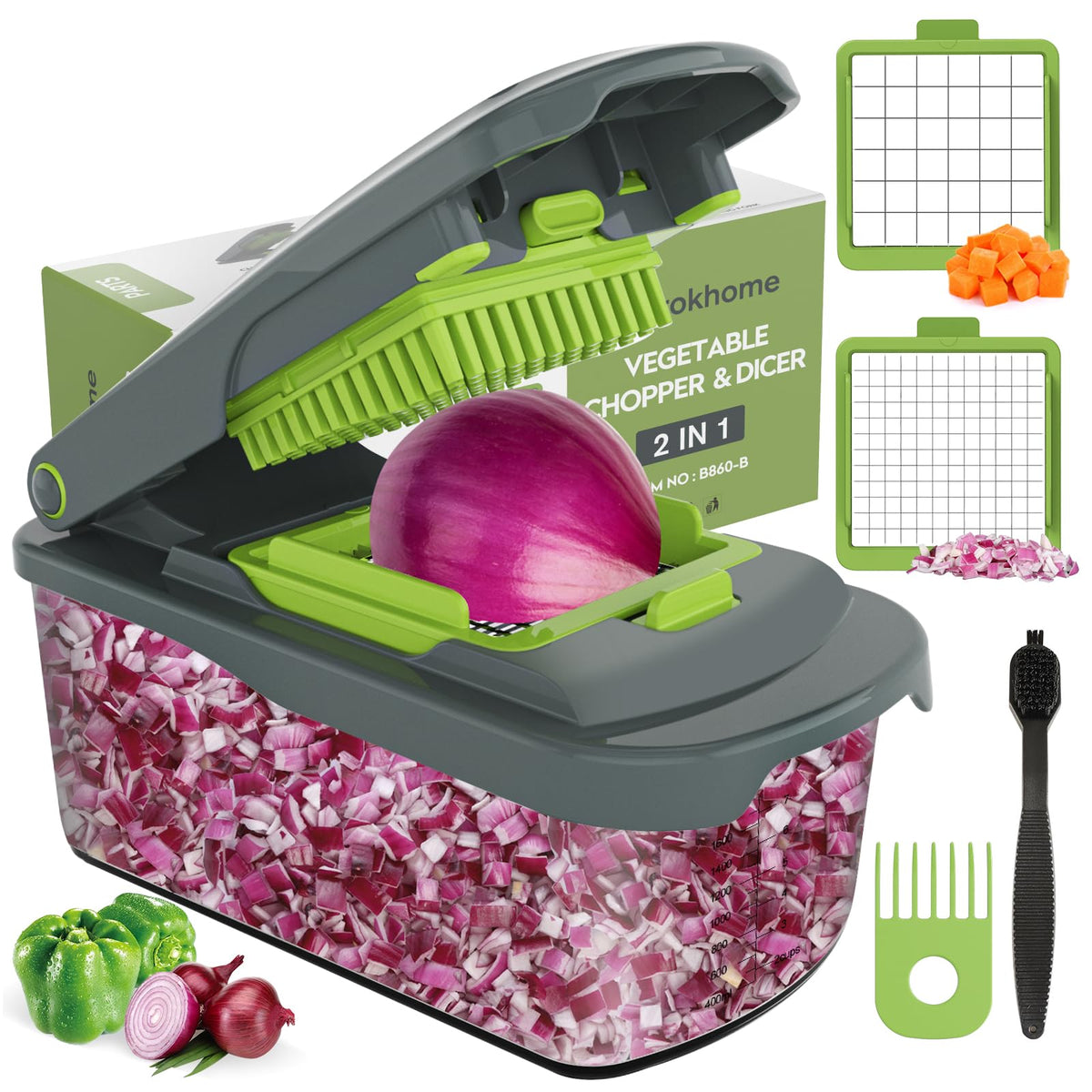 Cortador Ourokhome con contenedor frontal para preparación rápida de verduras.