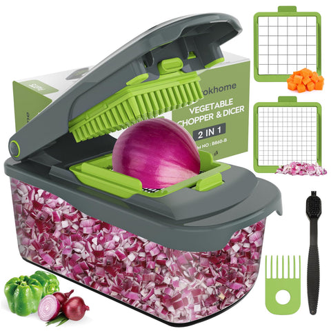 Cortador Ourokhome con contenedor frontal para preparación rápida de verduras.