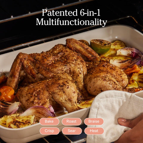 Our Place Bakeware Set bandeja-horno-secundaria, porciones extra y guarniciones claras.