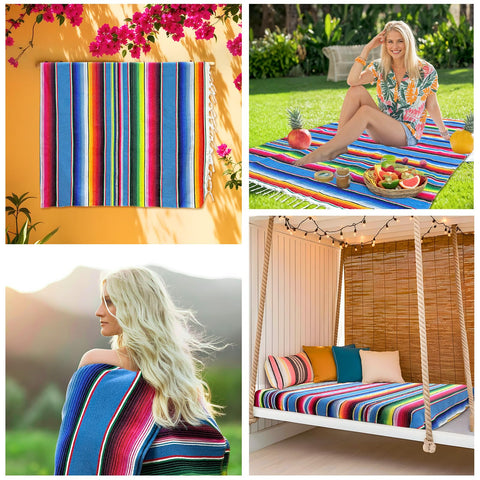 OurWarm decoración para fiestas mexicanas con serape colorido.