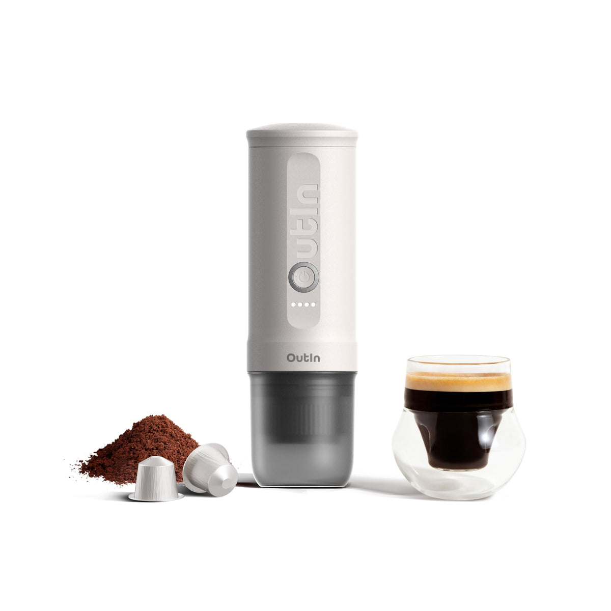 OutIn Nano cafe portatil muestra diseño compacto para viajes y camping.