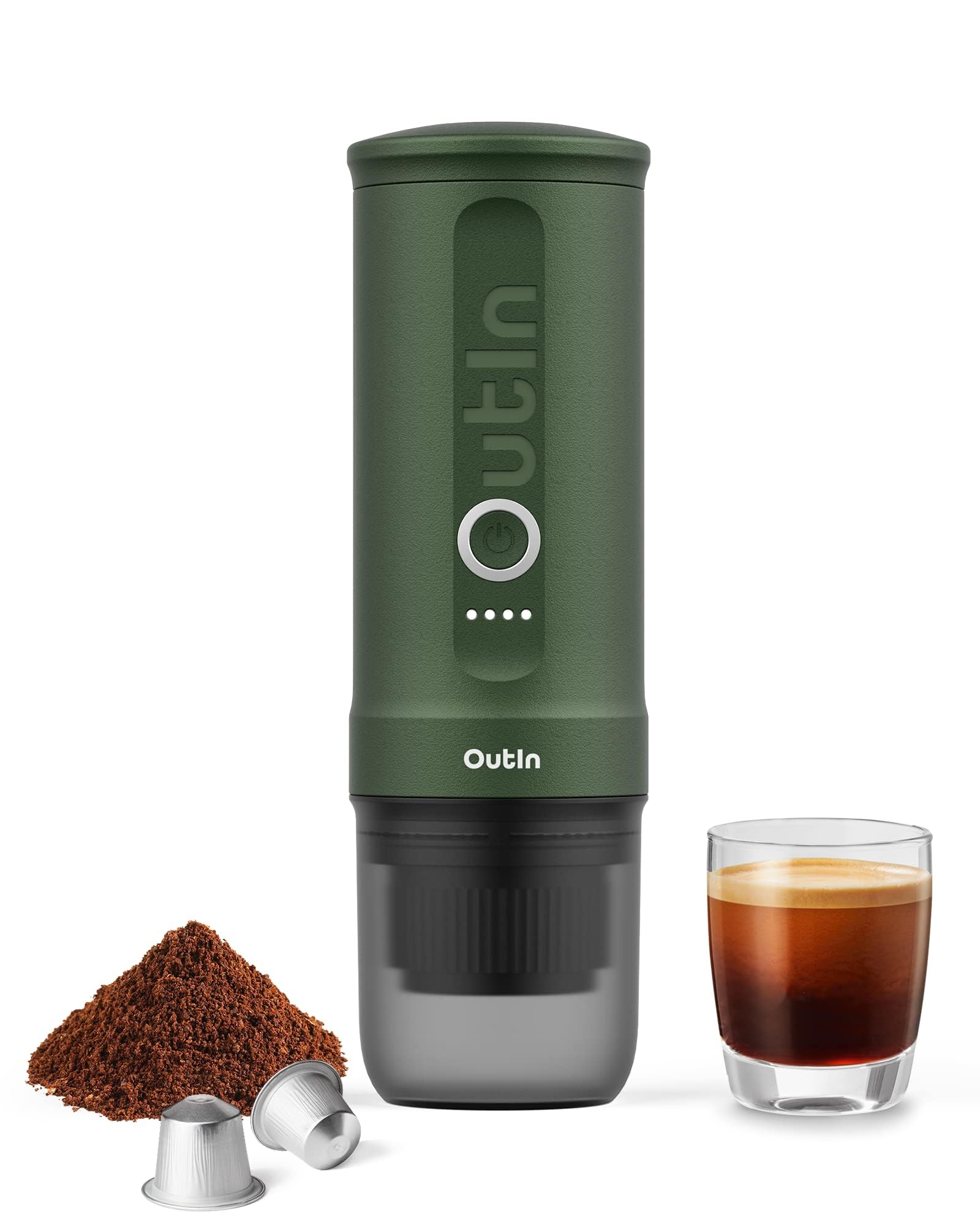 OutIn Nano cafetera expreso portátil, ideal para viajes y despertar rápido.