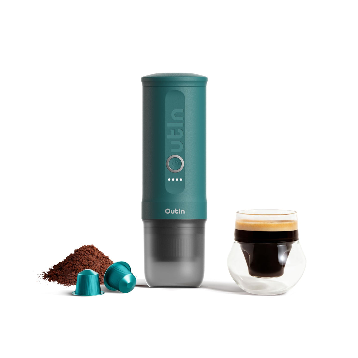 OutIn Nano cafetera portátil para camping, espresso rápido en exteriores.