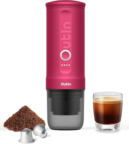 OutIn Nano espresso portátil con diseño compacto, ideal para viajar.